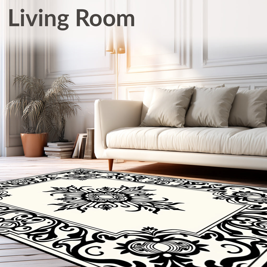 Classic Black and Cream Floral Scroll Rug