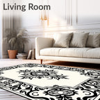 Classic Black and Cream Floral Scroll Rug