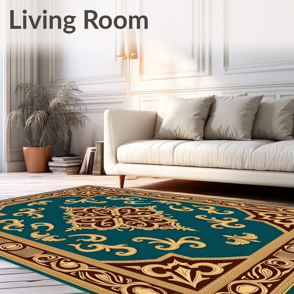 Ornate Teal Gold Floral Medallion Rug