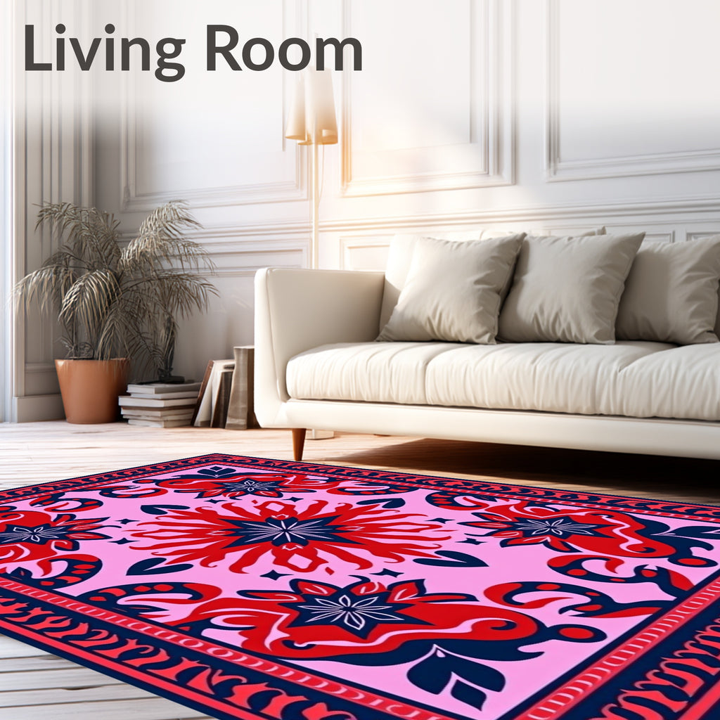 Pink Red Blue Floral Mandala Border Rectangular Rug