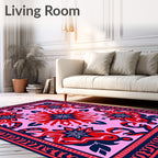 Pink Red Blue Floral Mandala Border Rectangular Rug