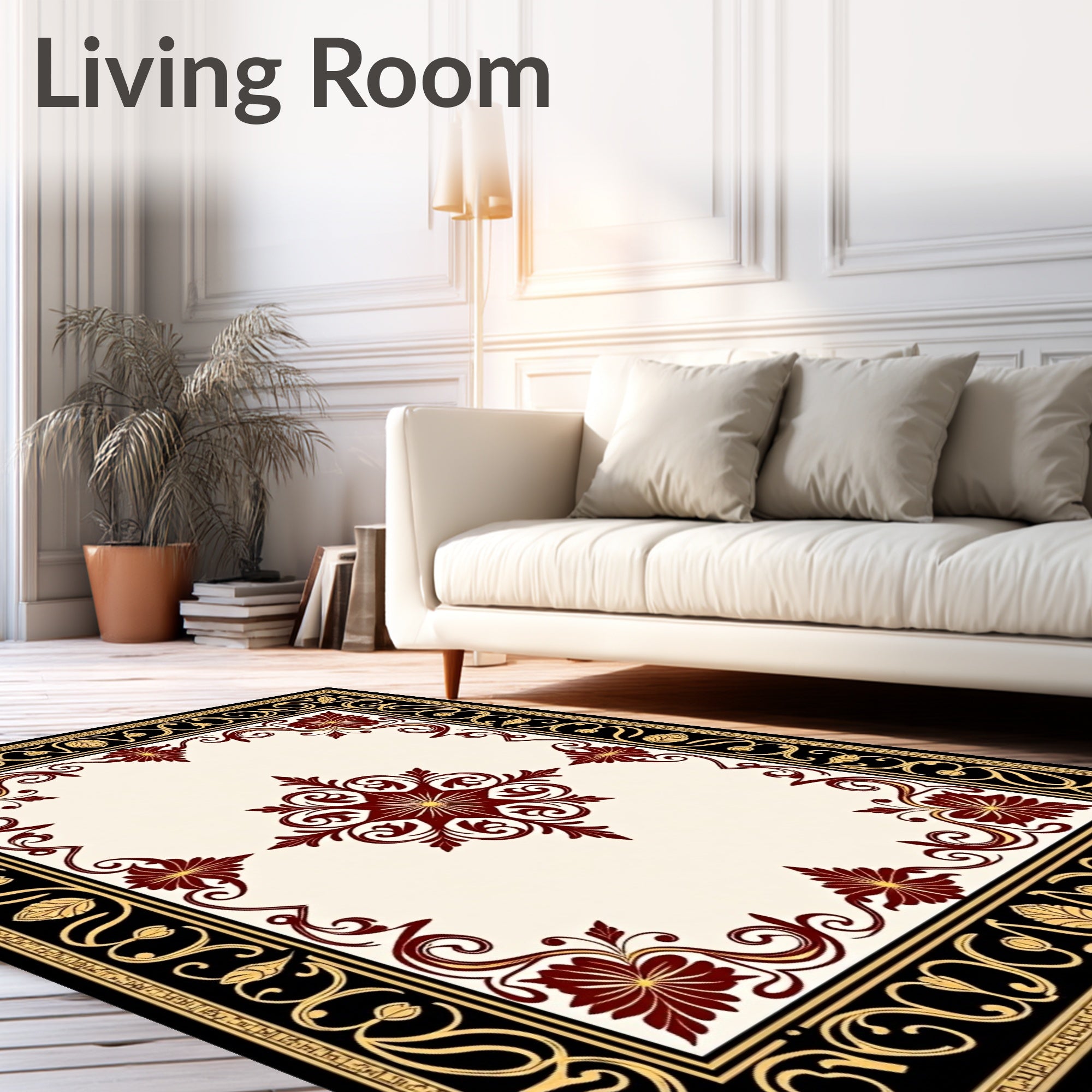 Crimson Floral Black Gold Border Rug