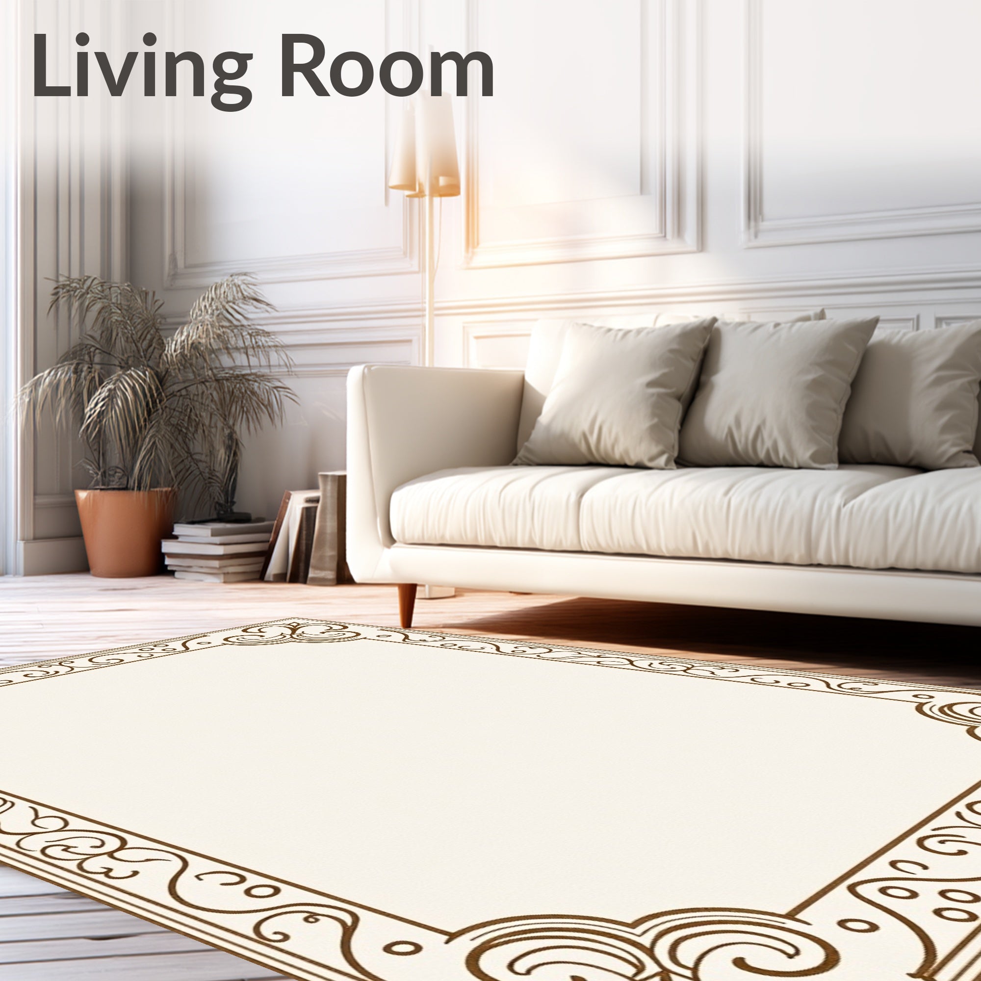 Brown Ornate Swirl Scroll Border Rug