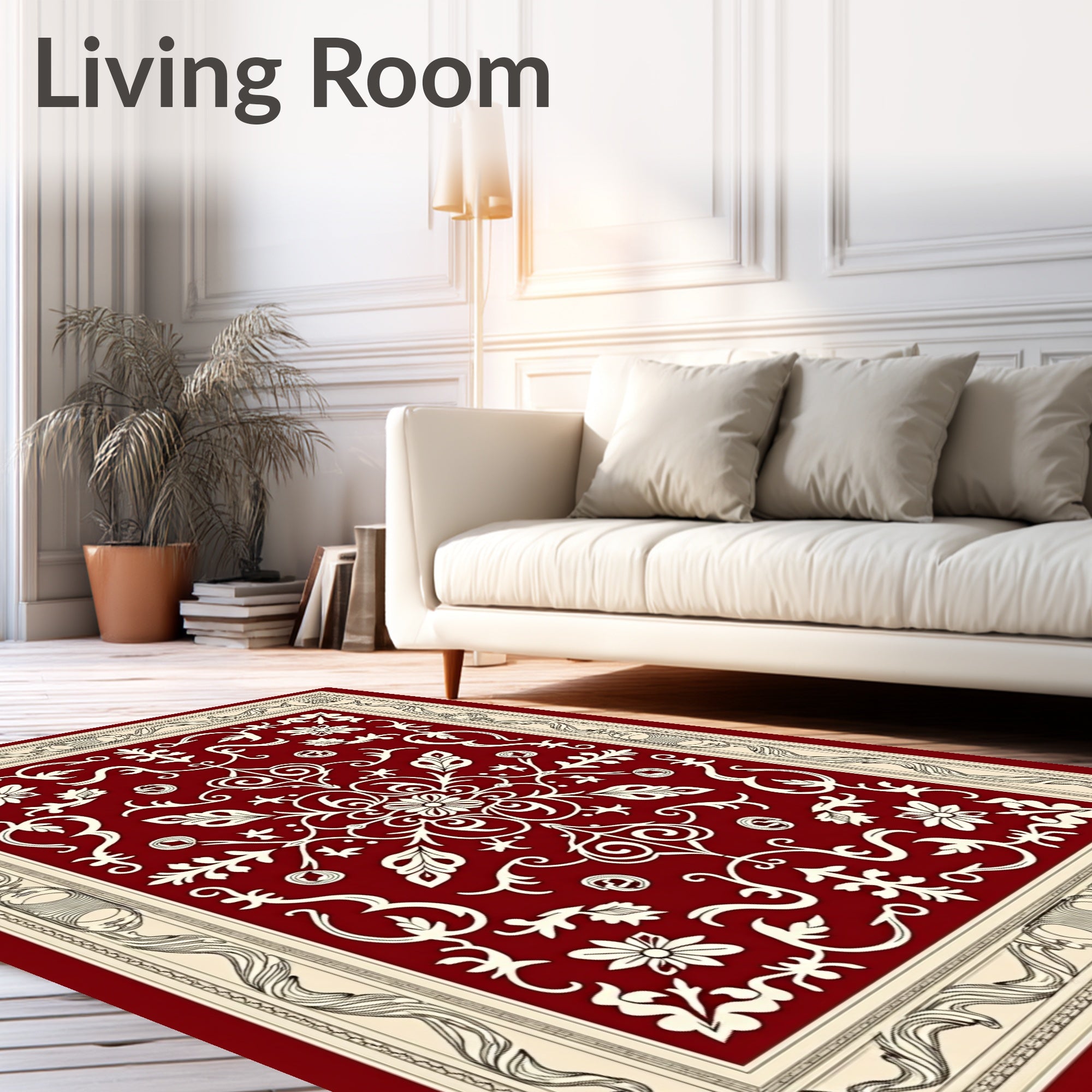 Crimson Floral Medallion Ivory Border Rug