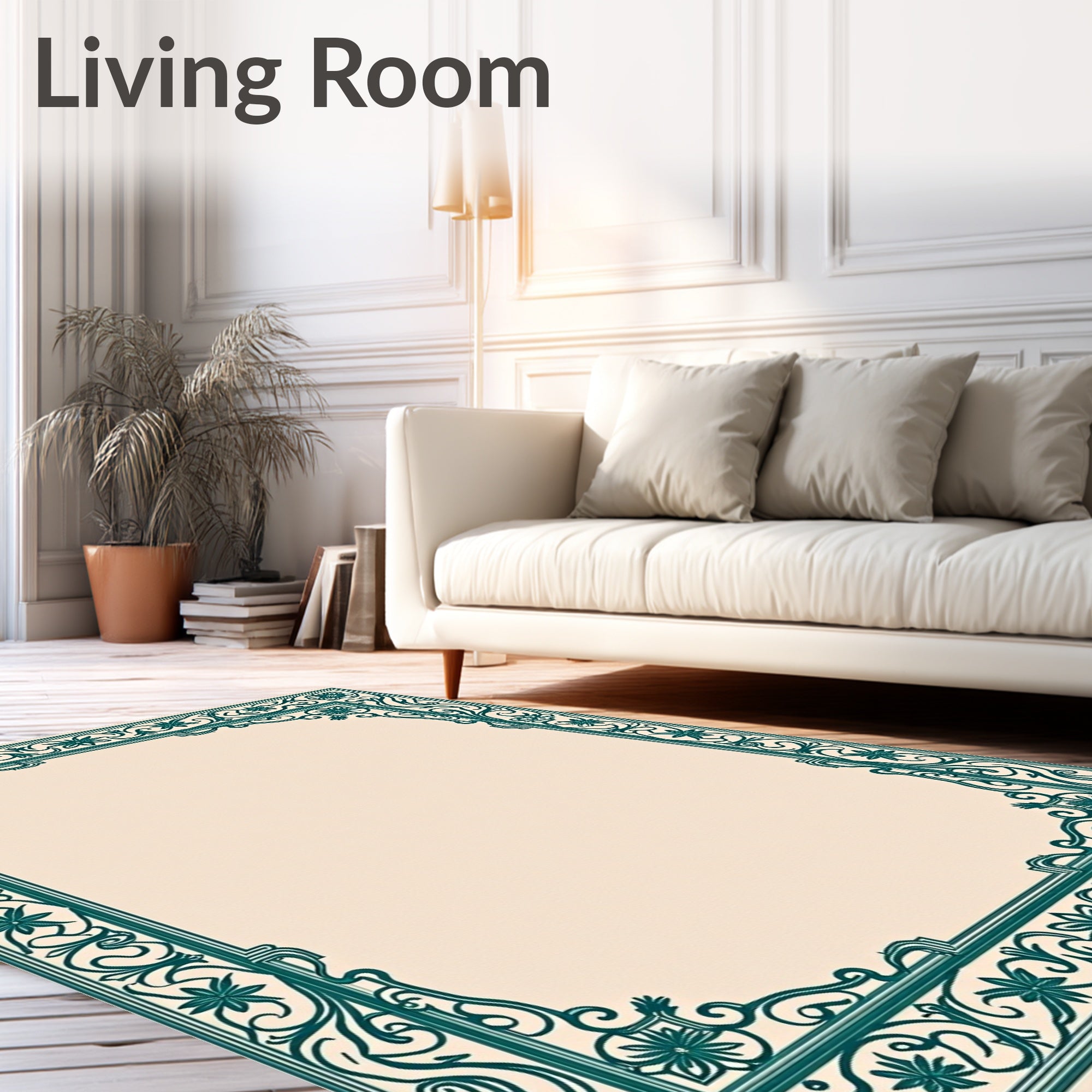 Teal Floral Vine Border Rug