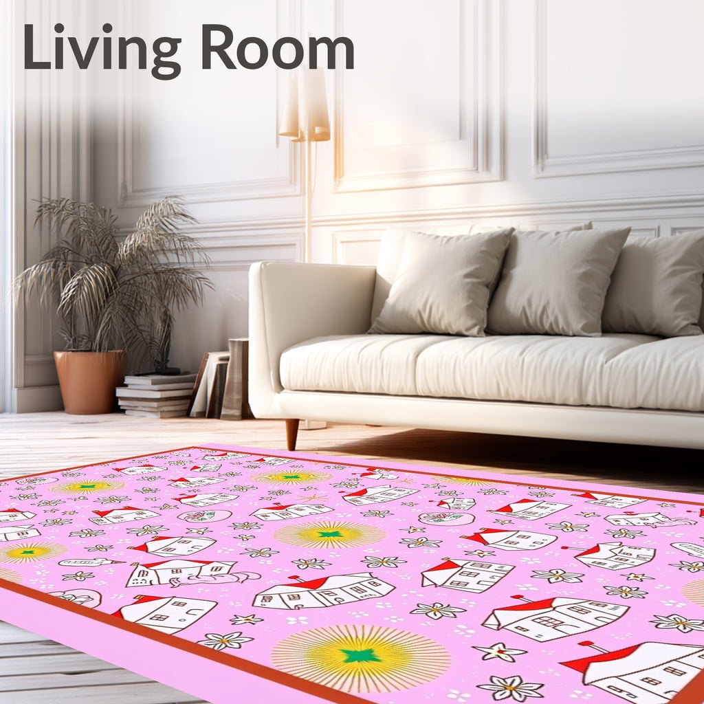 Pink White Houses Floral Whimsical Rug