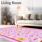 Pink White Houses Floral Whimsical Rug