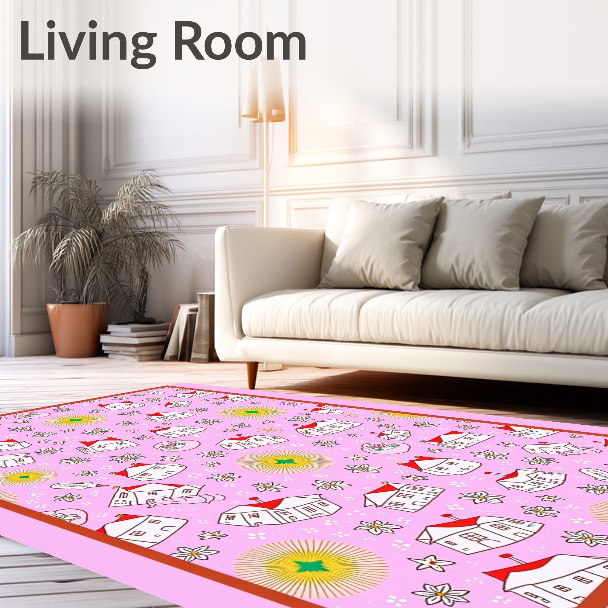 Pink White Houses Floral Whimsical Rug
