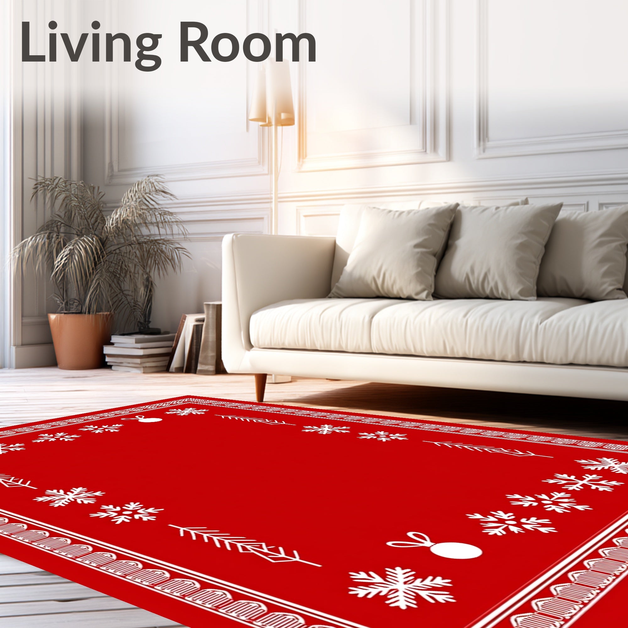 Festive Red Snowflake Ornament Border Rug
