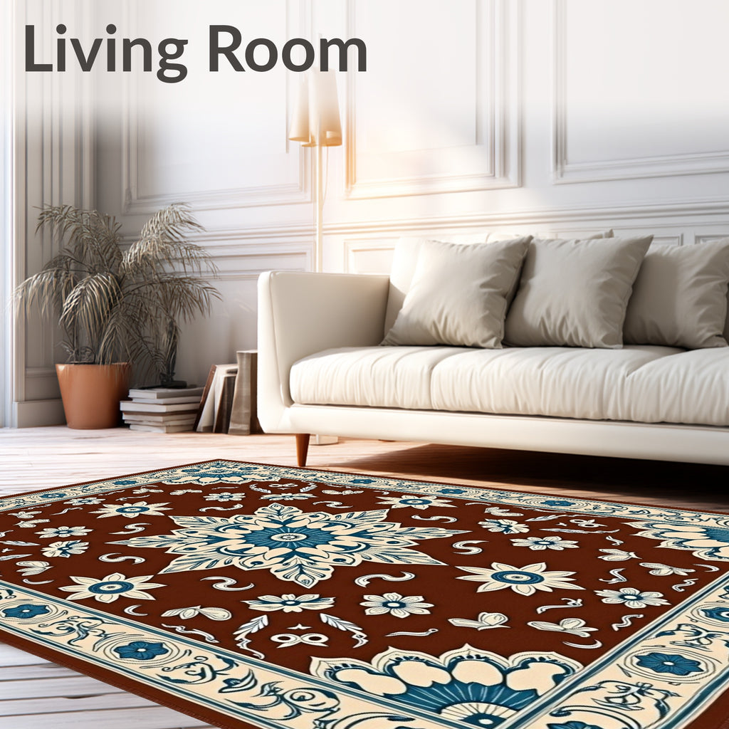 Rich Brown Teal Floral Medallion Rug