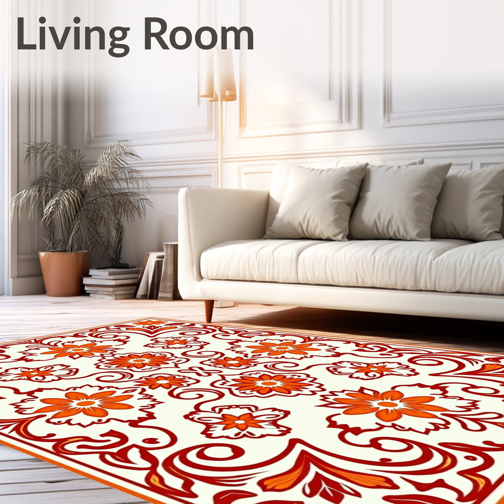 Crimson Orange Folkloric Floral Medallion Rug