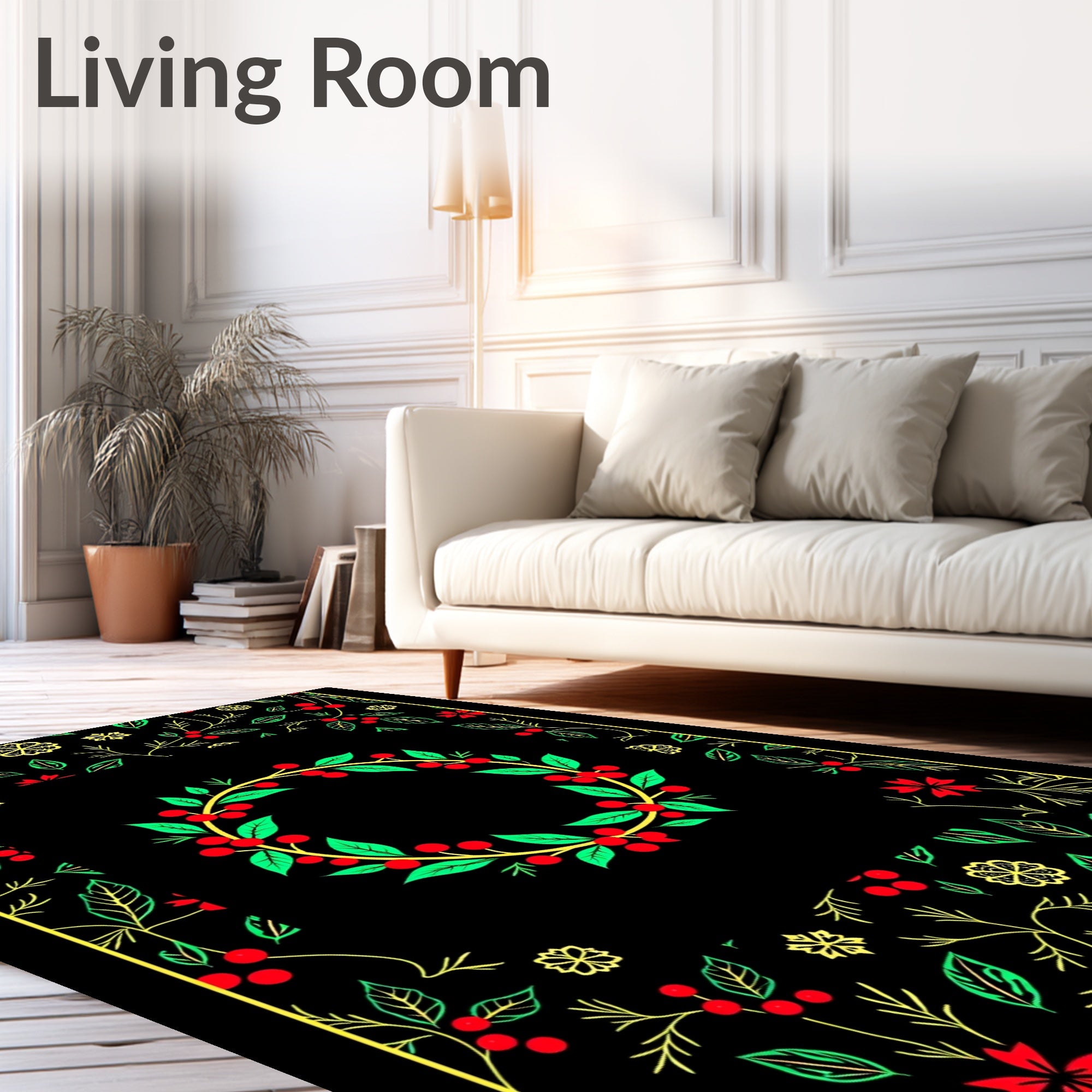 Crimson Berry Leaf Wreath Border Rug