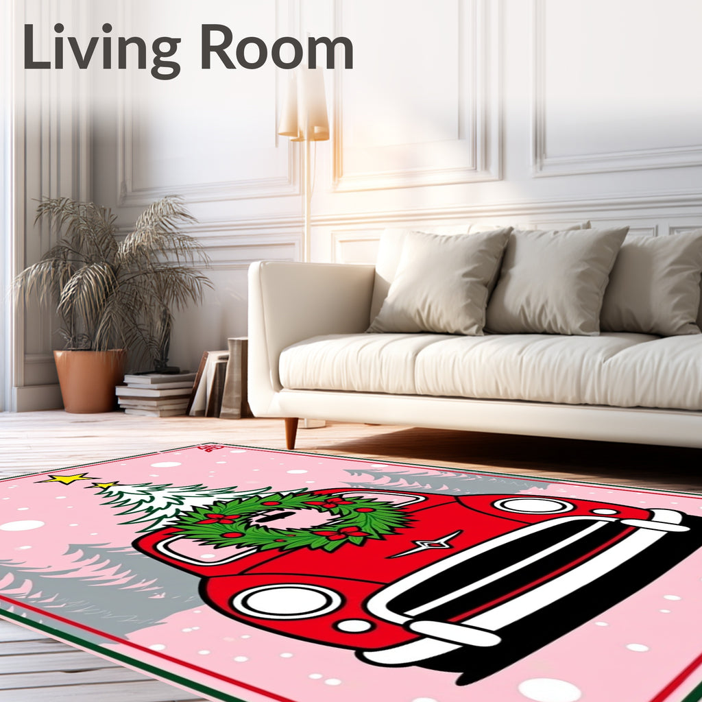 Festive Red Truck Christmas Tree Wreath Rug