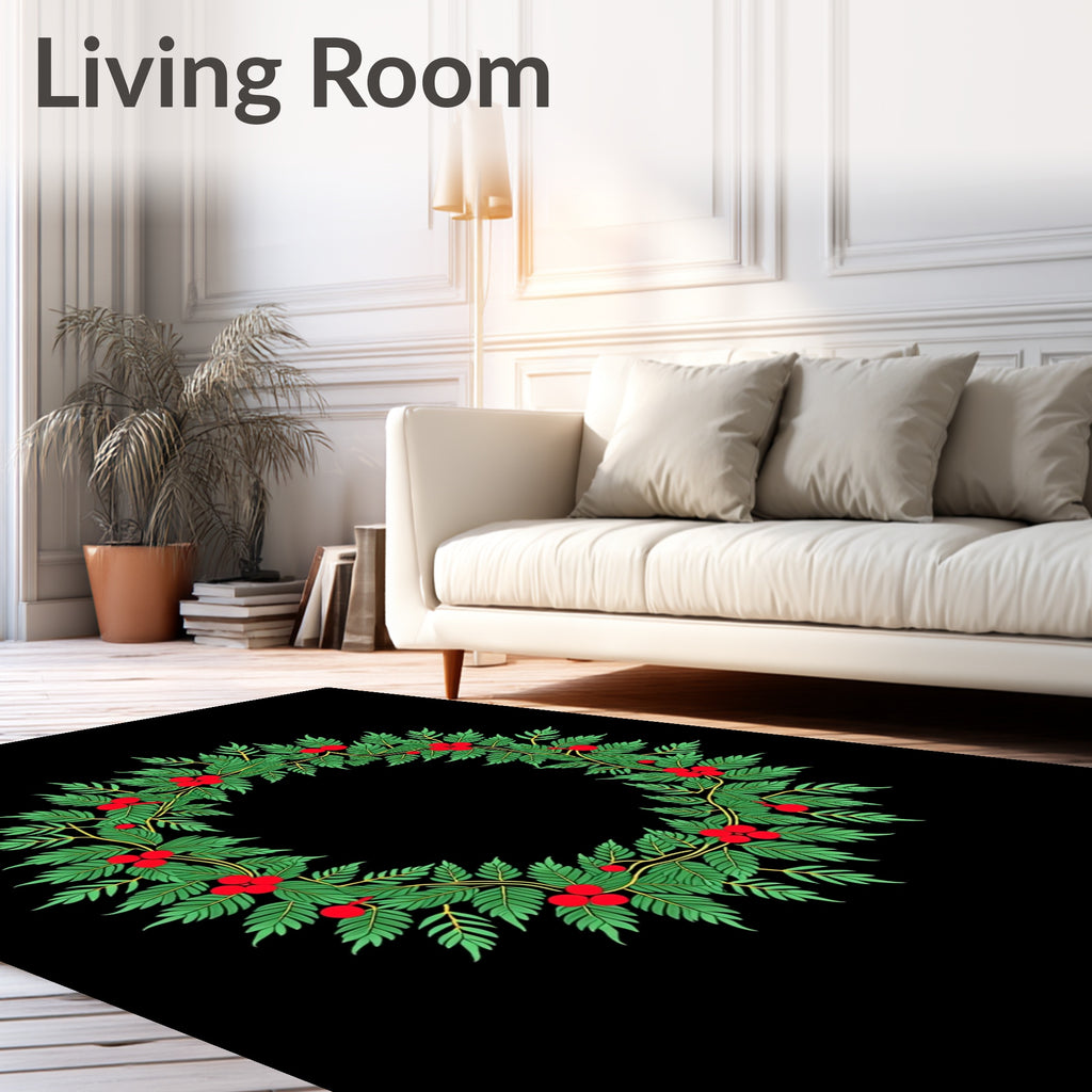 Green Leaf Red Berry Circular Wreath Rug