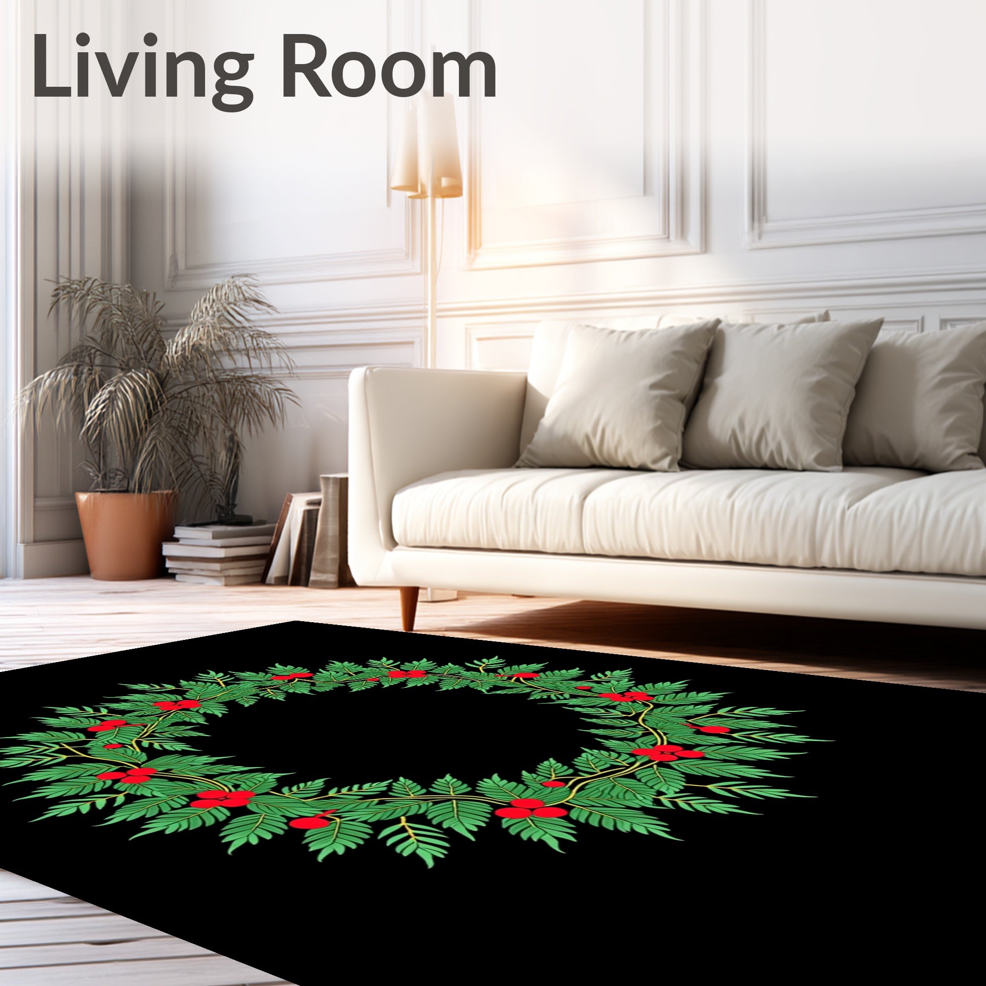 Green Leaf Red Berry Circular Wreath Rug