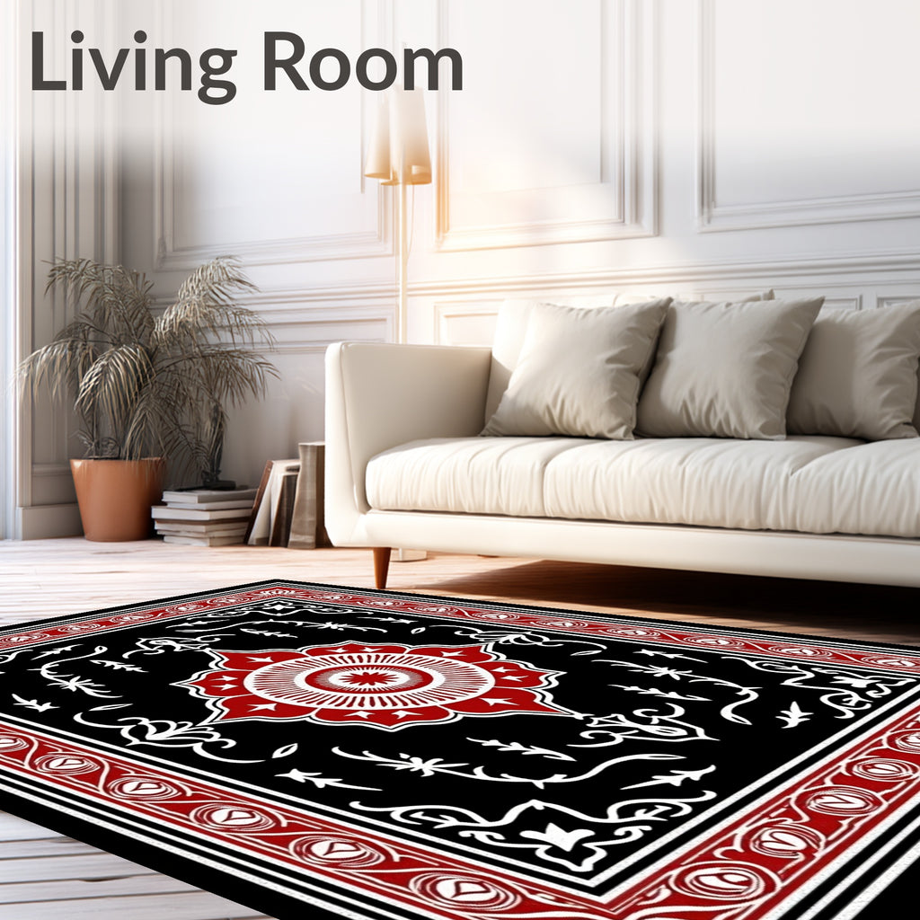 Crimson White Floral Medallion Black Rug