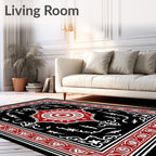 Crimson White Floral Medallion Black Rug