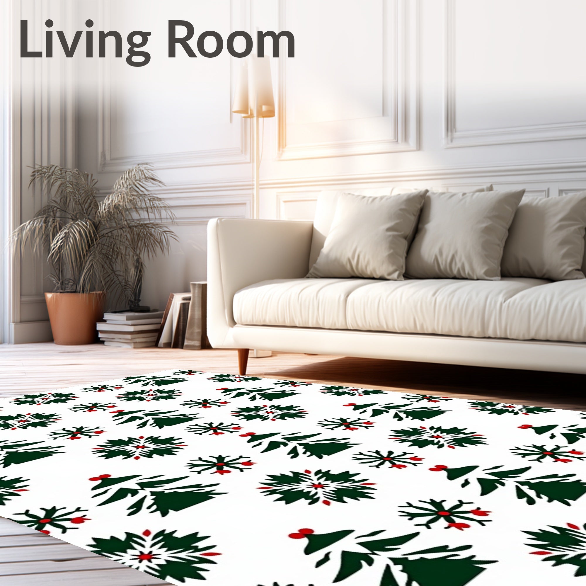 Green Christmas Trees Red Berries Snowflakes Rug