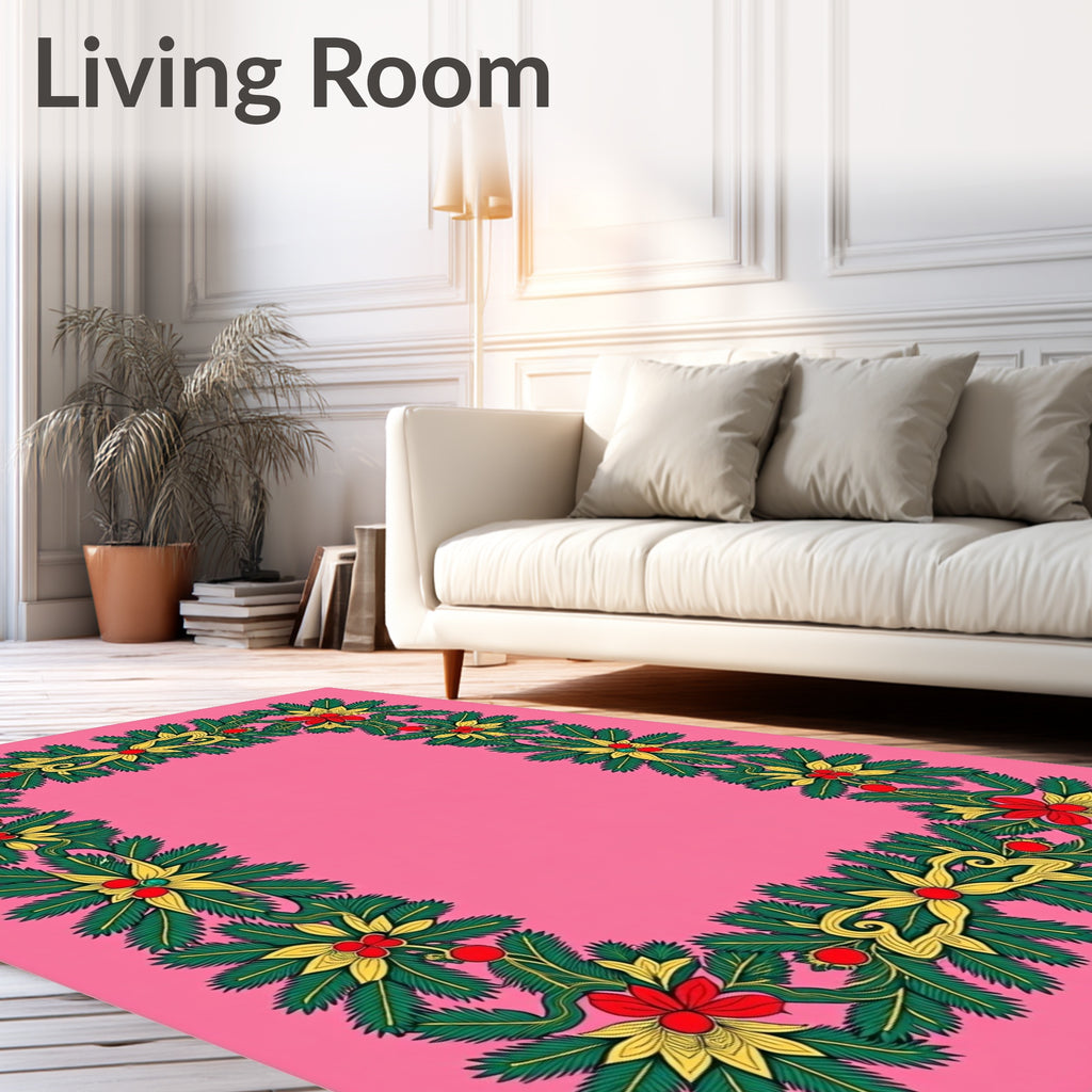 Festive Red Yellow Green Floral Border Rug