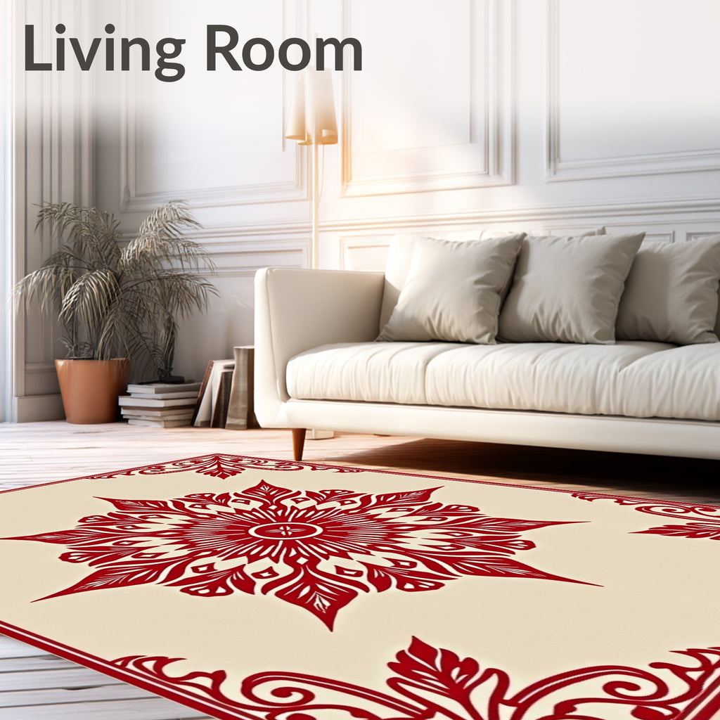 Crimson Floral Mandala Corner Frame Rug