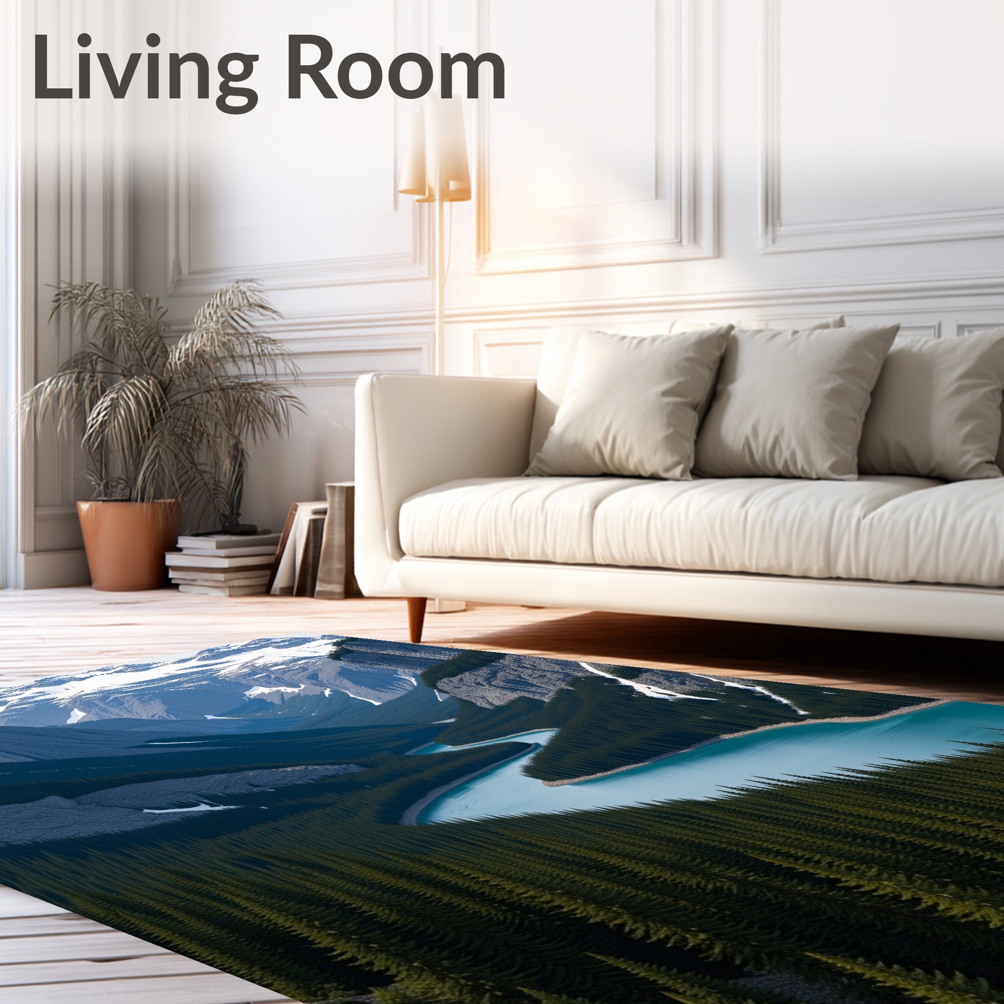 Serene Blue River Winding Mountain Landscape Rug