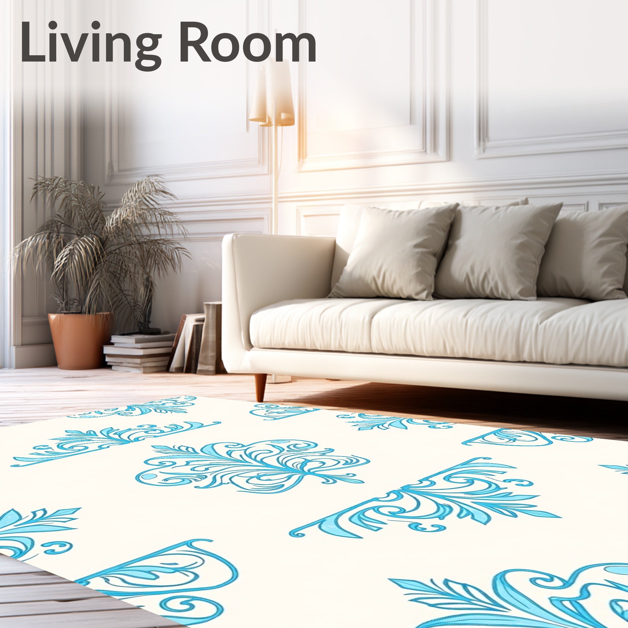 Sky Blue Ornate Scrollwork Accents Rug