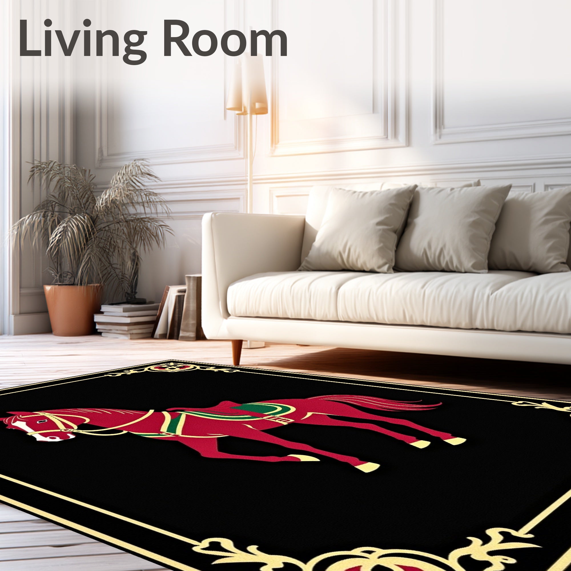 Crimson Horse With Golden Ornate Frame Rug