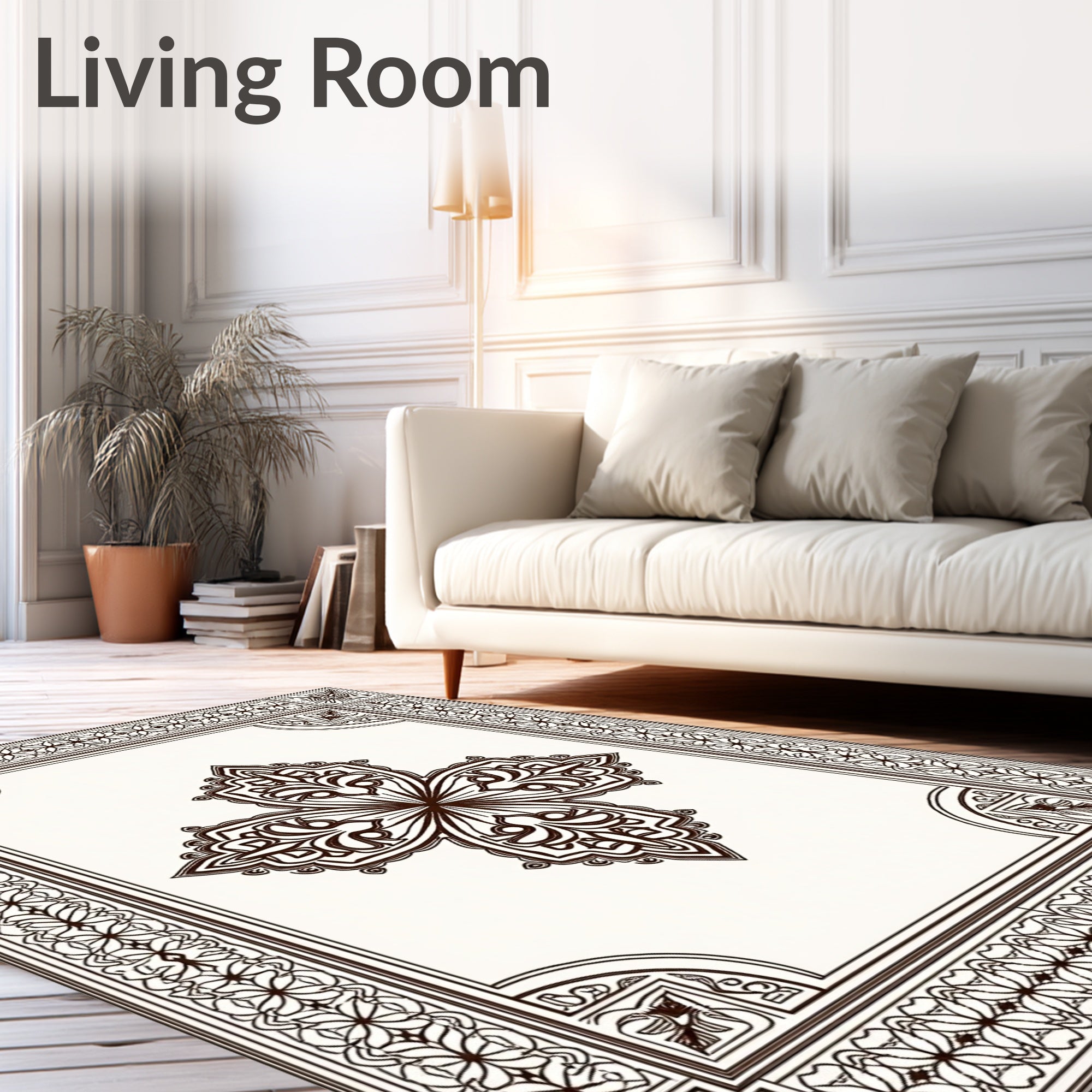 Ornate Brown Floral Medallion Border Rug
