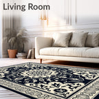 Midnight Cream Floral Medallion Border Rug
