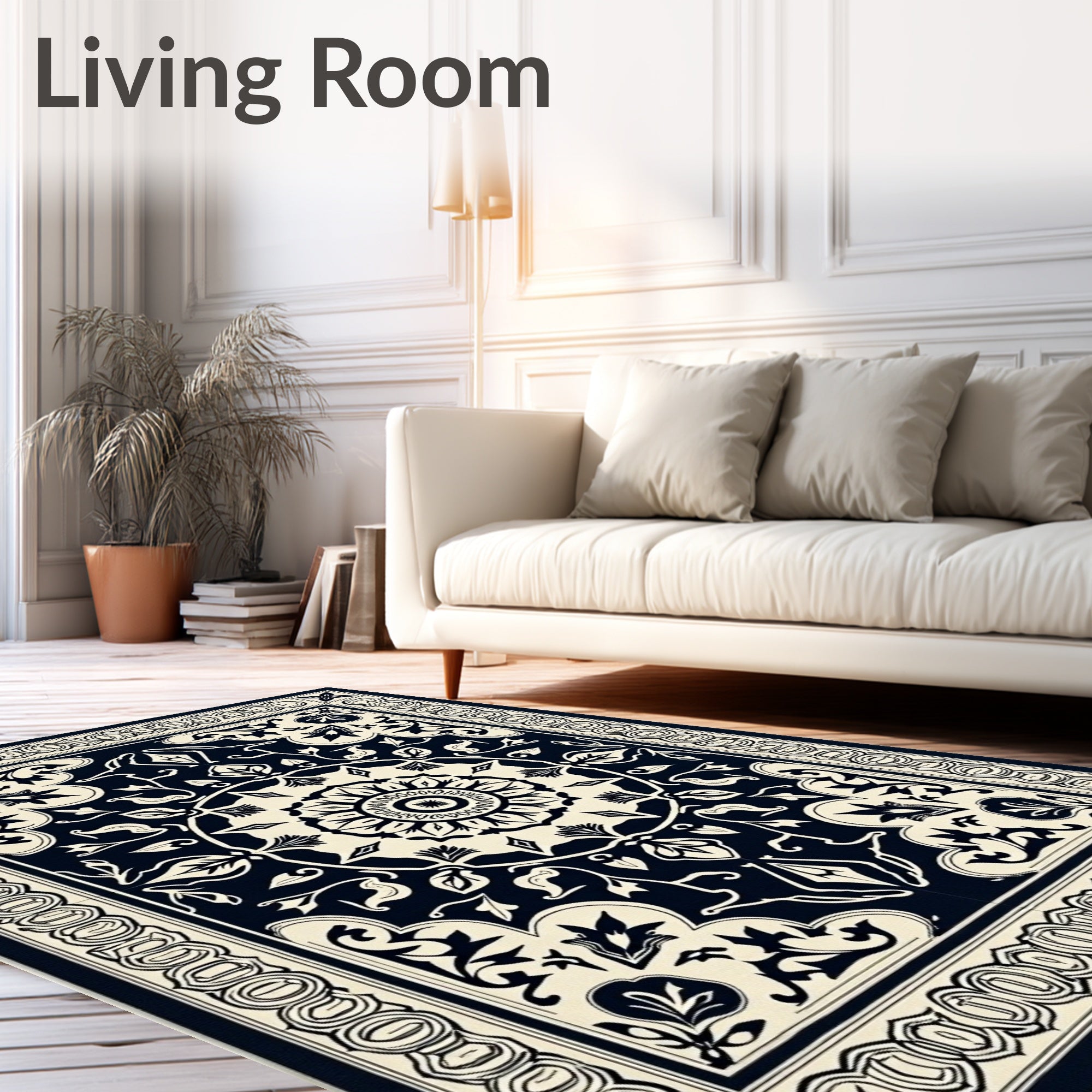 Midnight Cream Floral Medallion Border Rug
