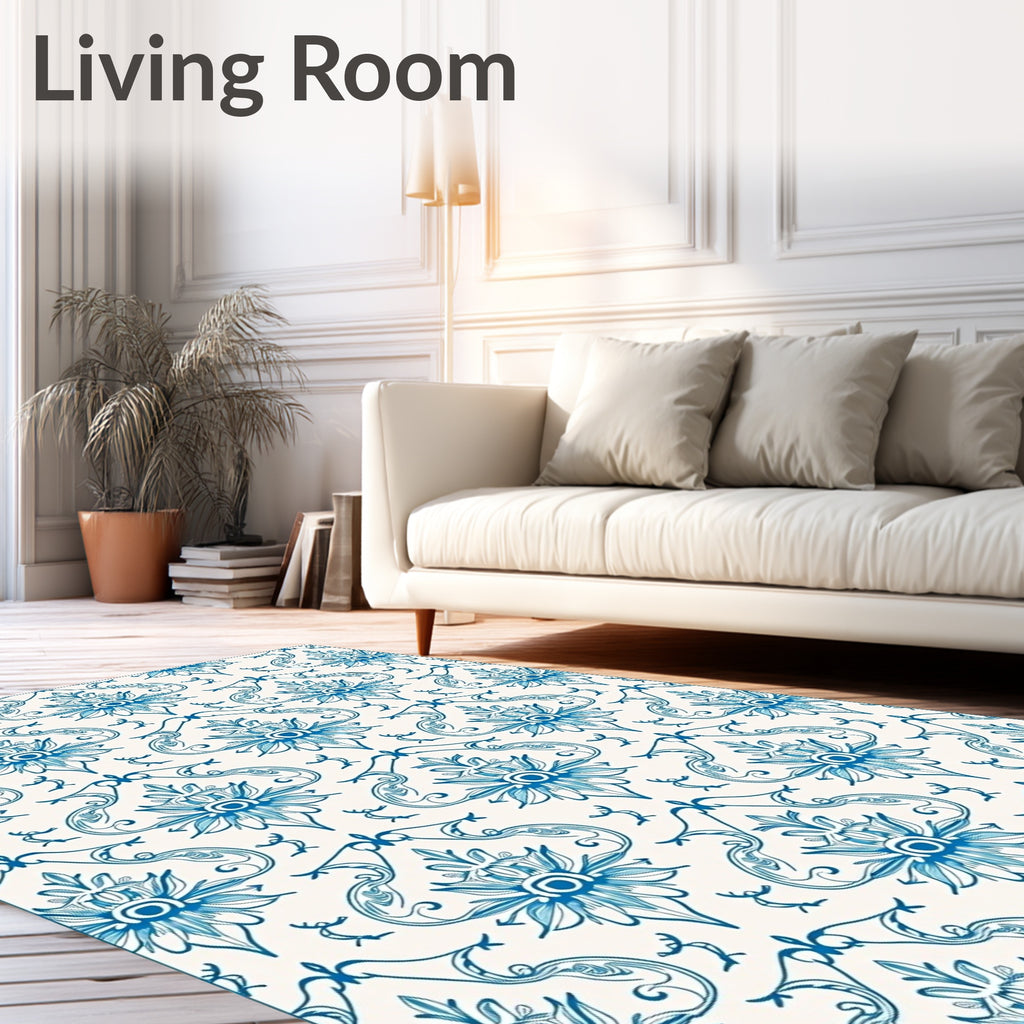 Vibrant Blue Floral Damask Symmetry Rug