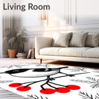 Black White Bird Red Berries Branches Rug