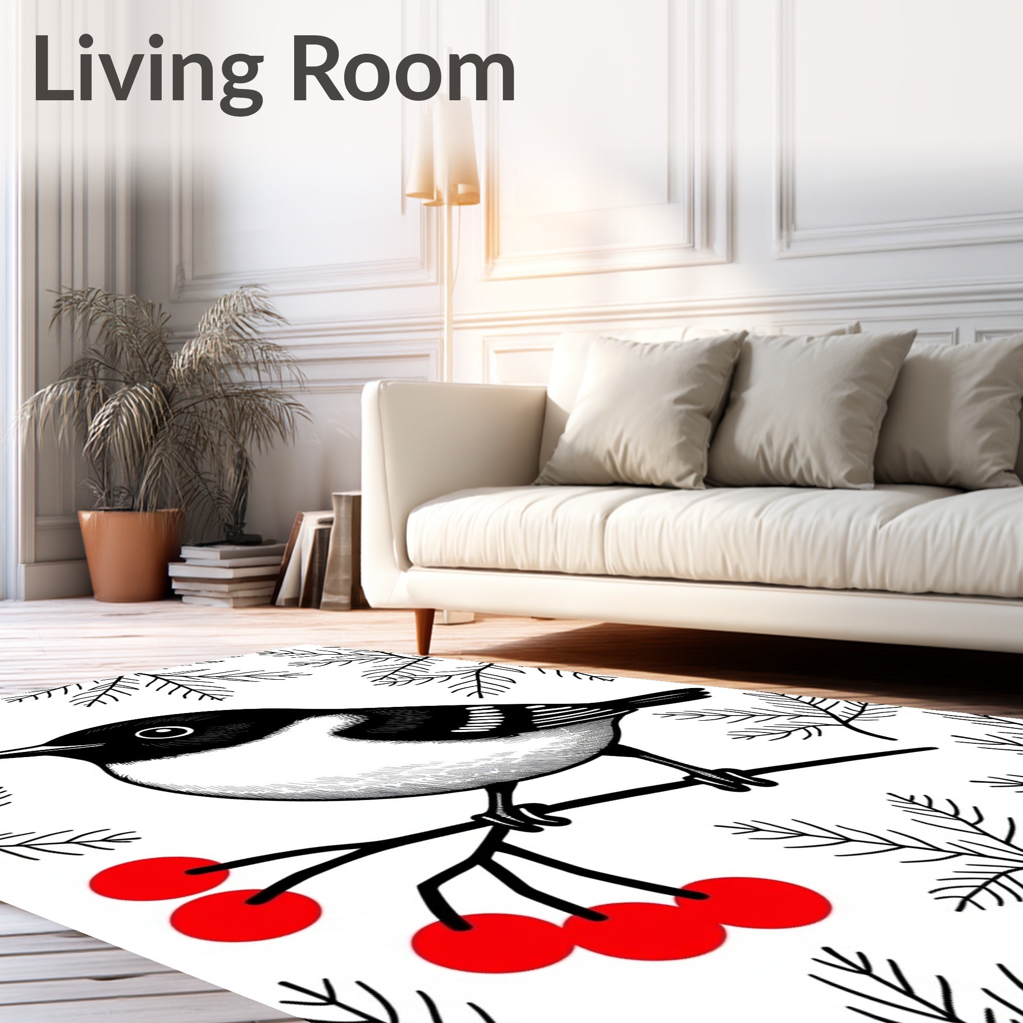 Black White Bird Red Berries Branches Rug