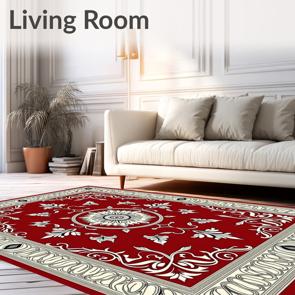 Ornate Red Floral Scrollwork Rectangle Rug