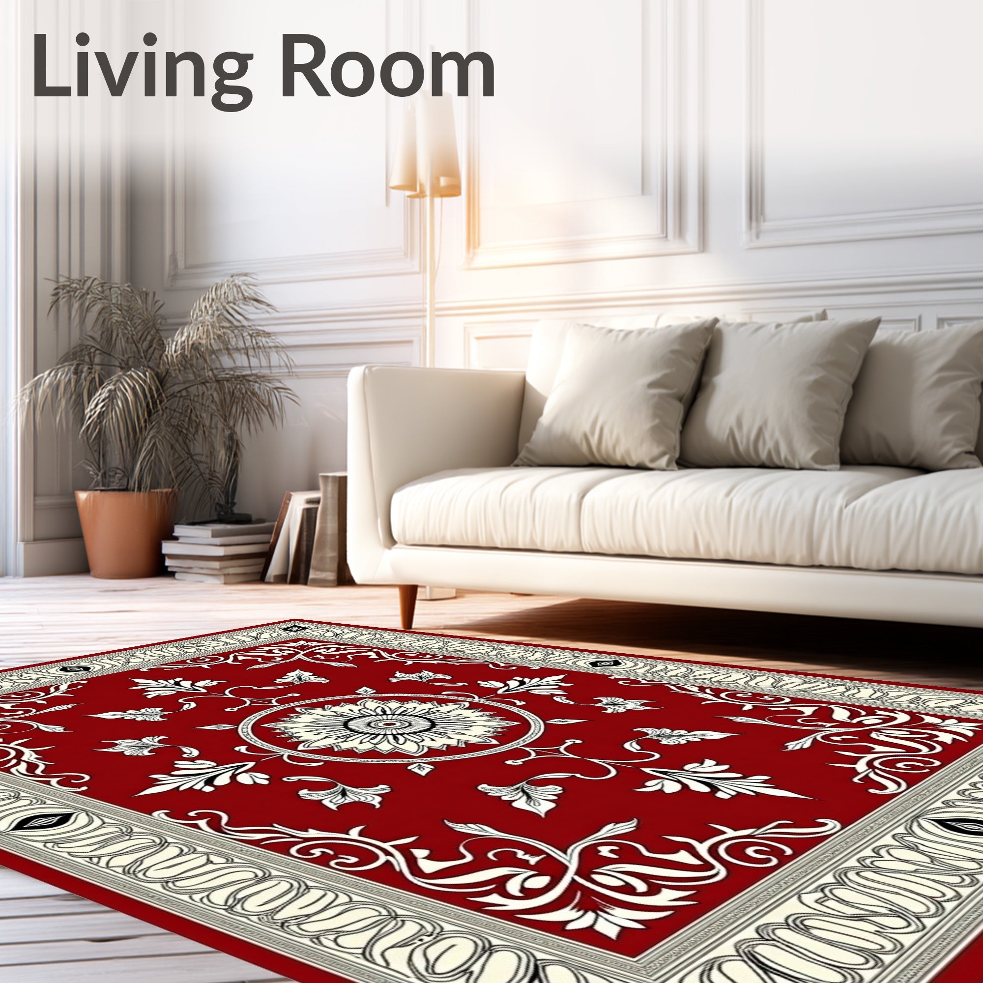 Ornate Red Floral Scrollwork Rectangle Rug