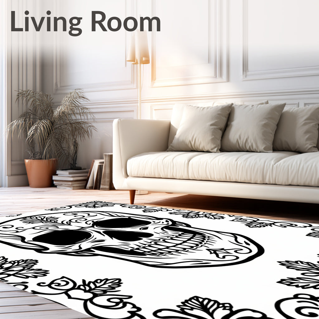 Ornate Black White Skull Floral Trim Rug