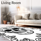 Ornate Black White Skull Floral Trim Rug