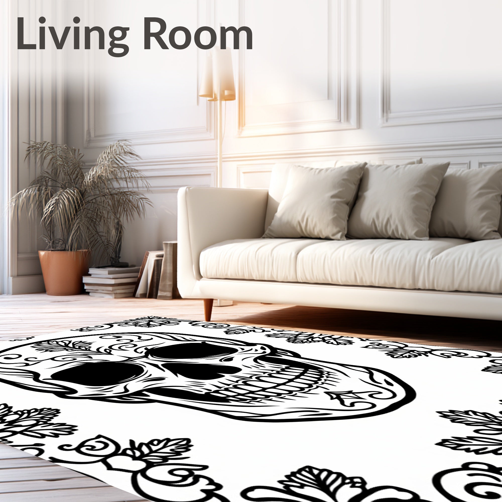 Ornate Black White Skull Floral Trim Rug