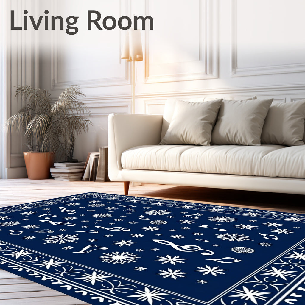 Midnight Blue Snowflake Music Notes Rug