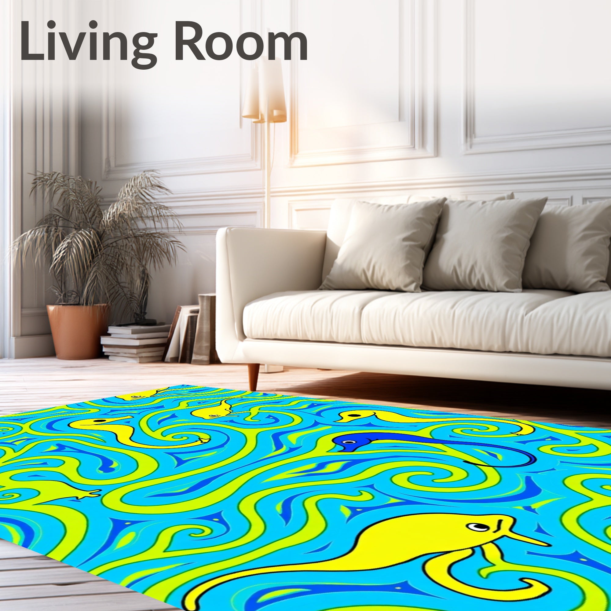 Whimsical Yellow Blue Seahorse Swirl Rug