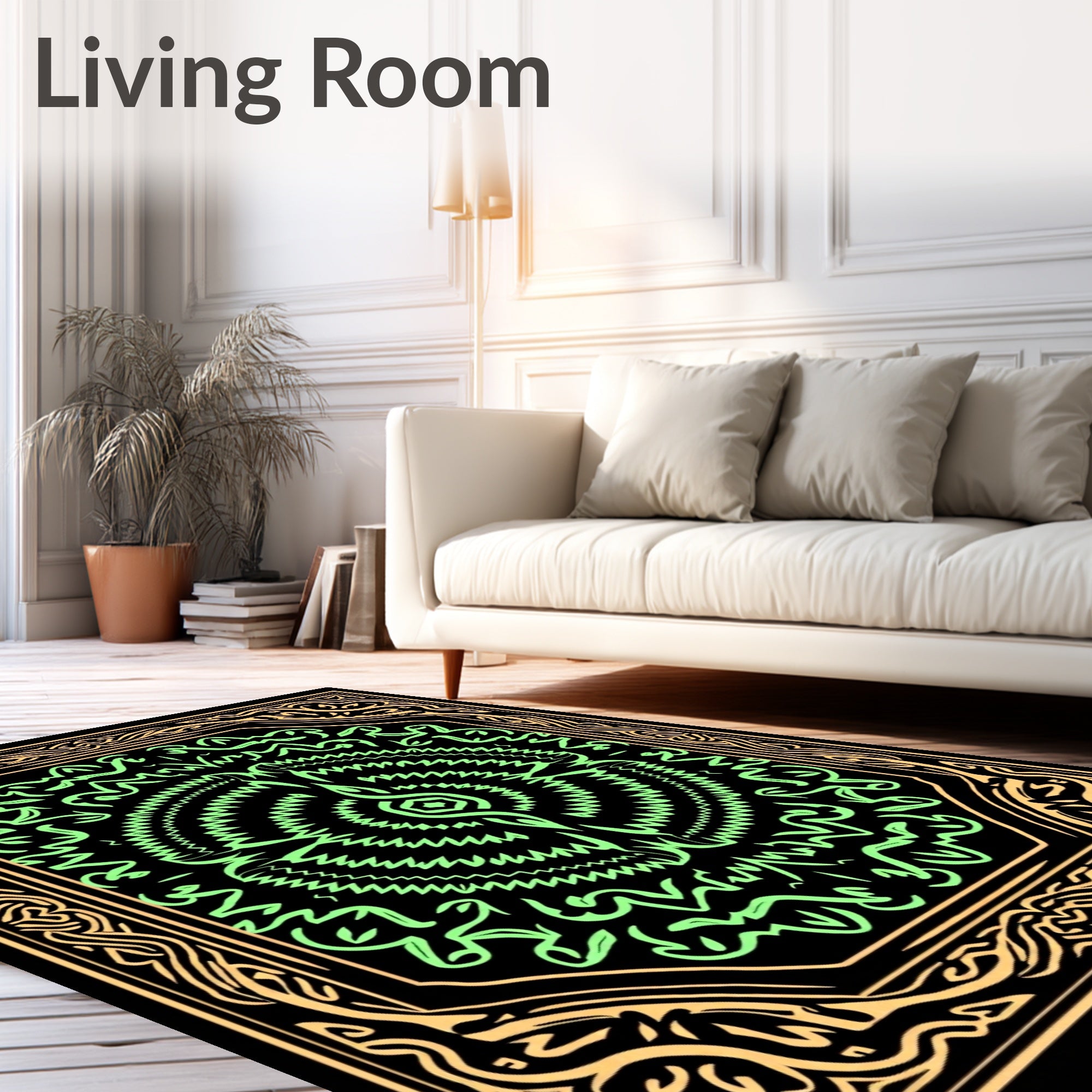 Luminous Green Abstract Inner Swirl Frame Rug