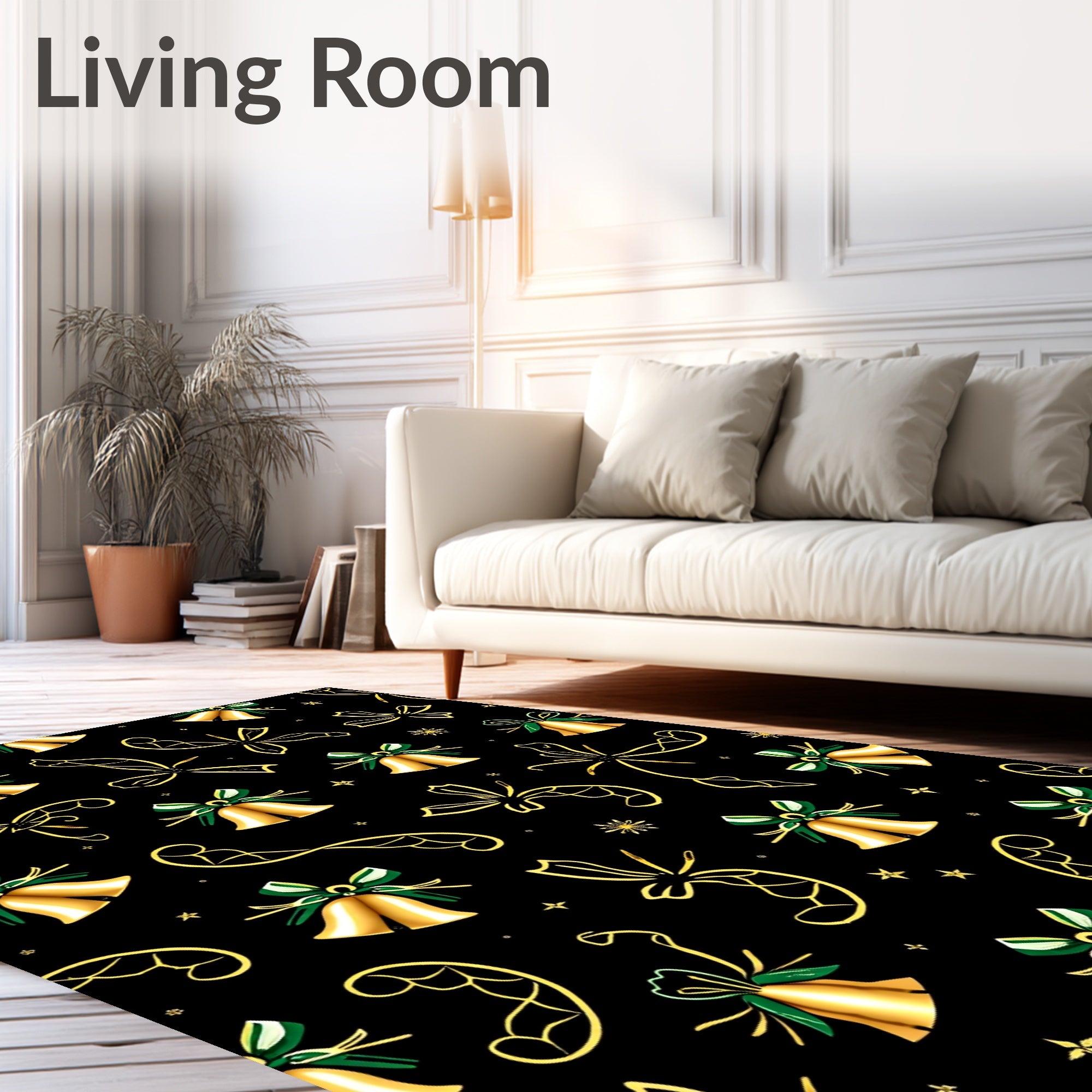 Golden Bells Green Ribbons Festive Occasion Rug