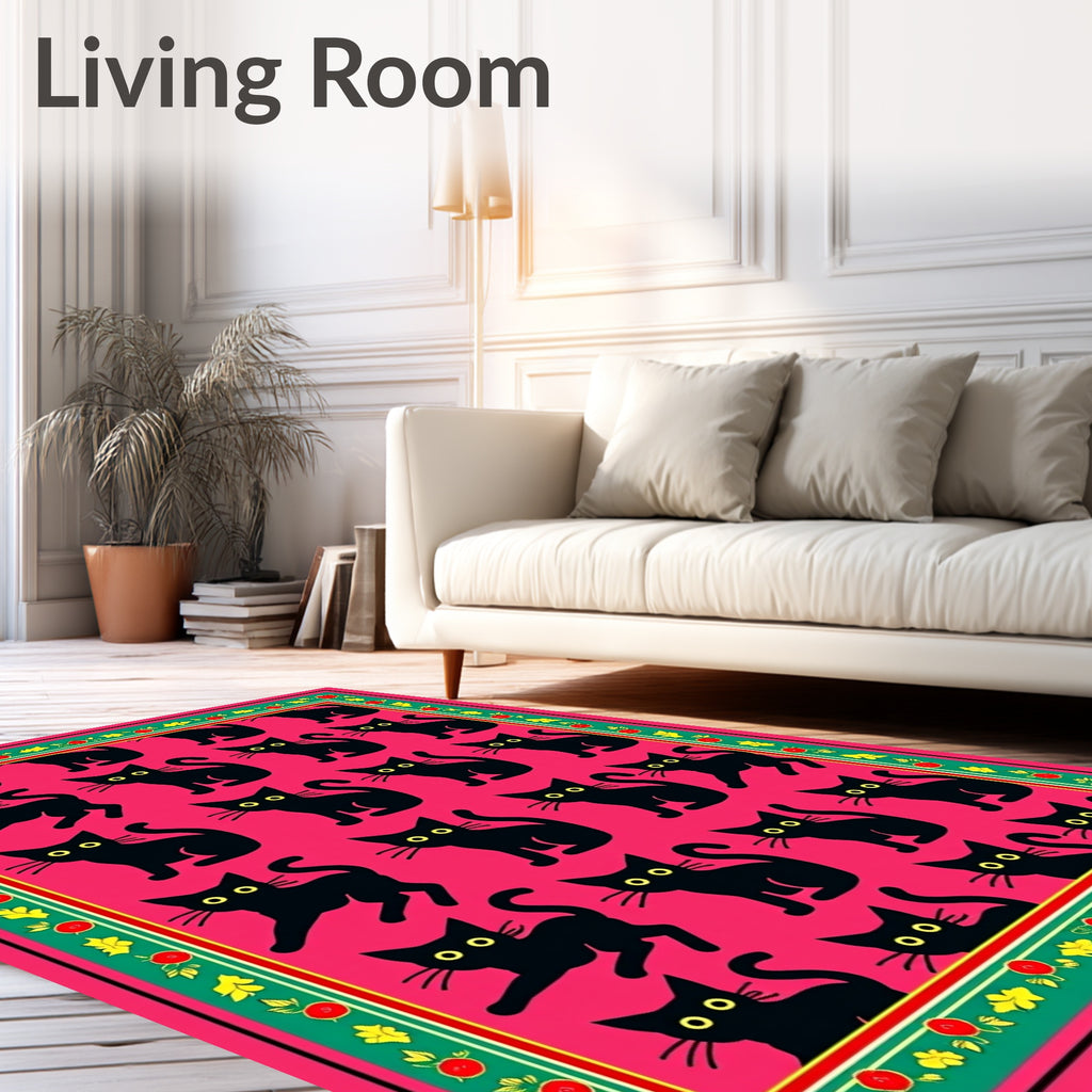 Pink Black Cat Floral Border Rug