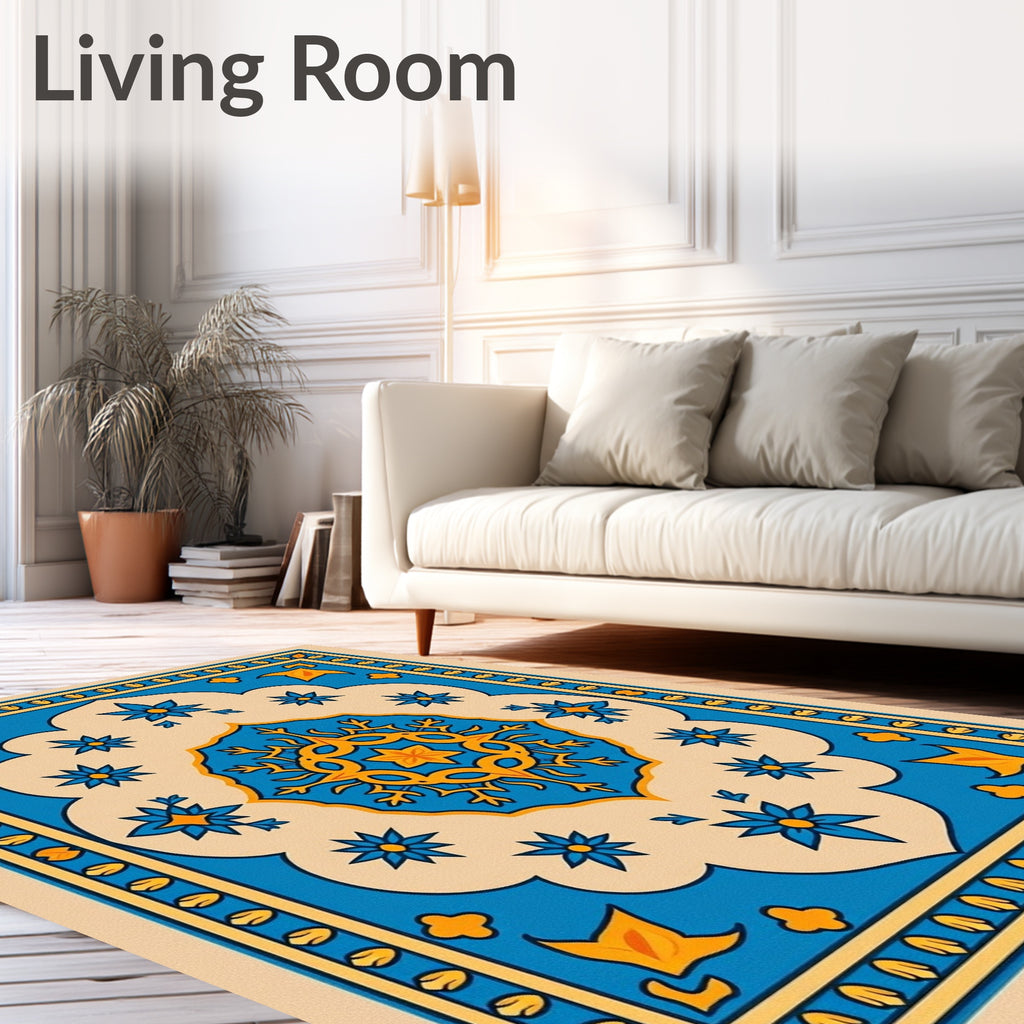 Bold Blue Yellow Floral Medallion Rug