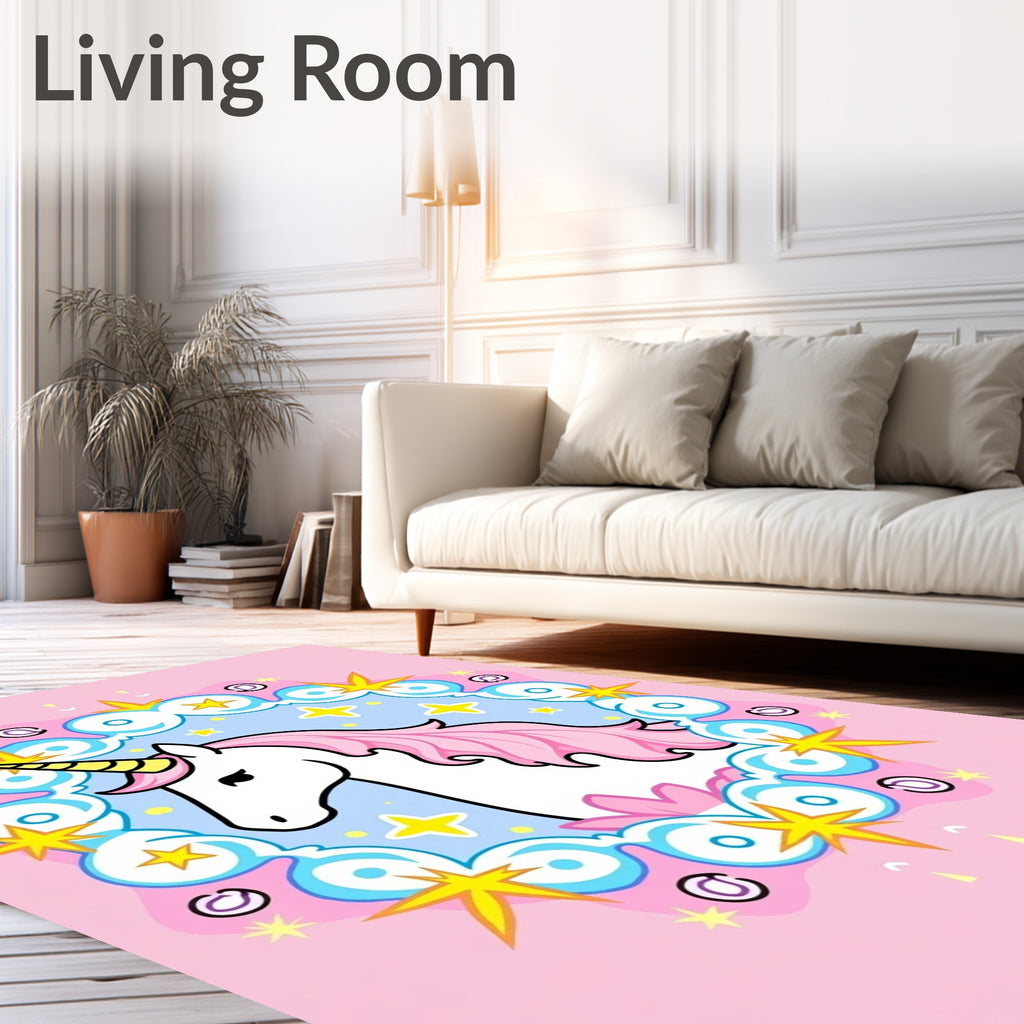 Whimsical Pink Unicorn Starry Clouds Rug