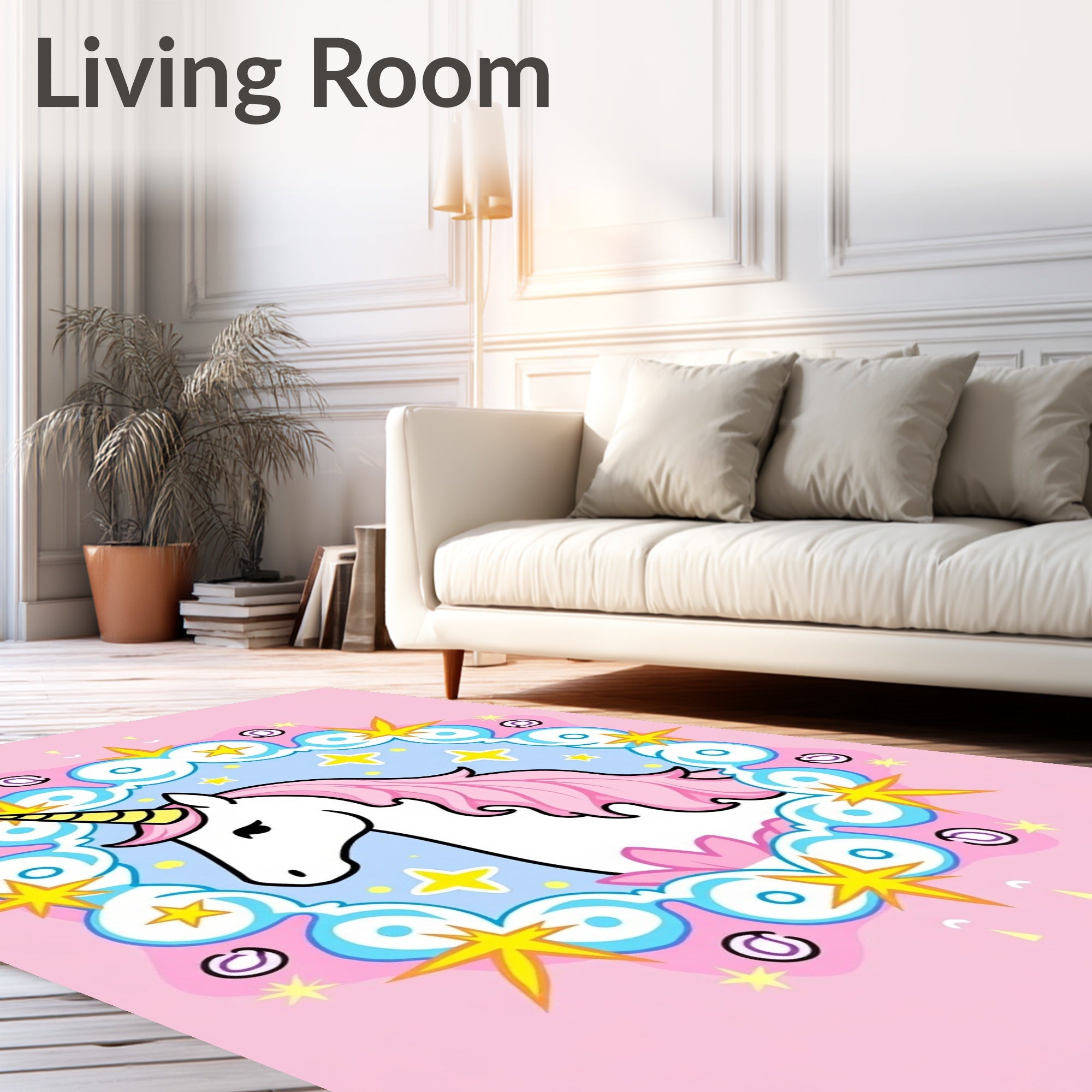 Whimsical Pink Unicorn Starry Clouds Rug