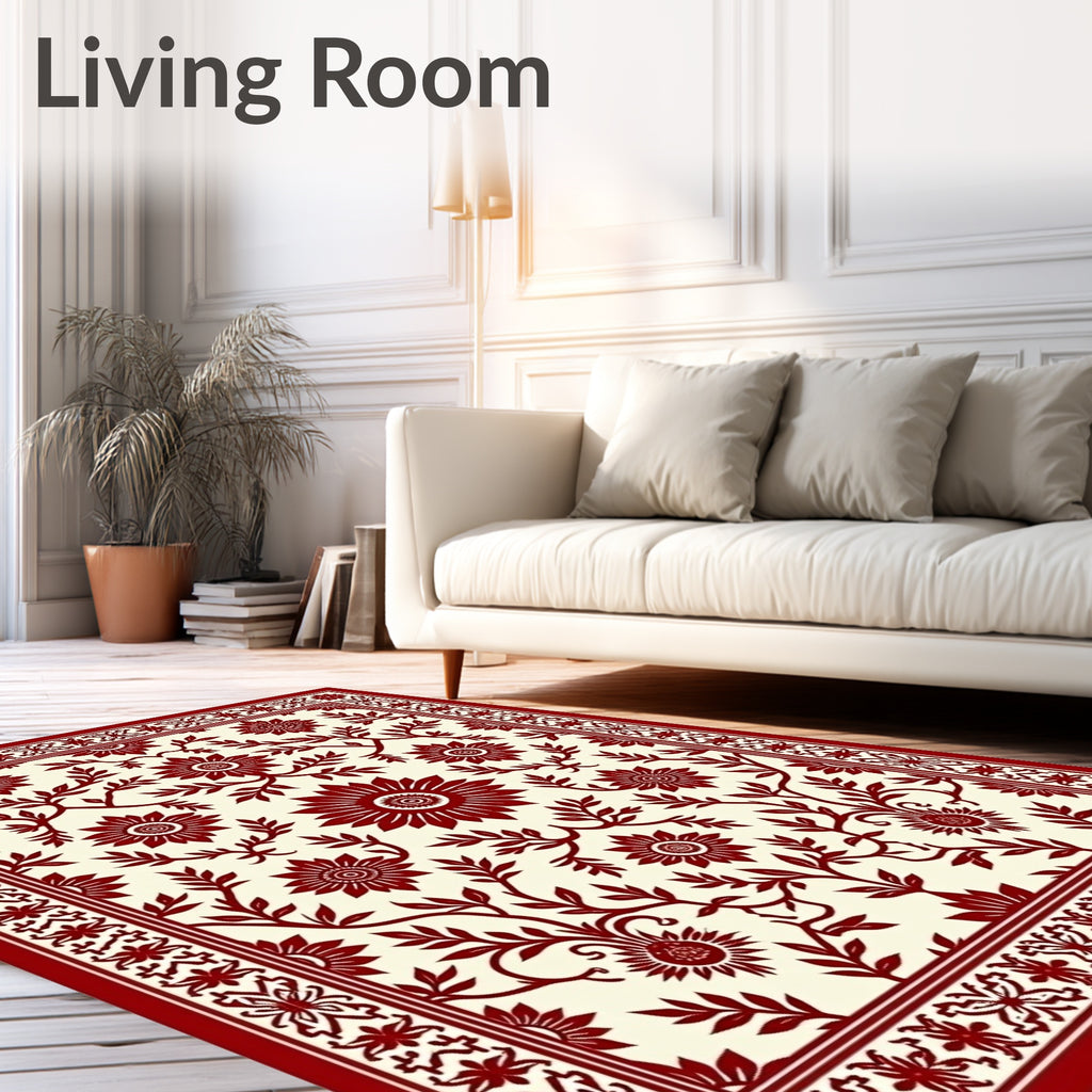 Crimson Floral Vine Bordered Rug