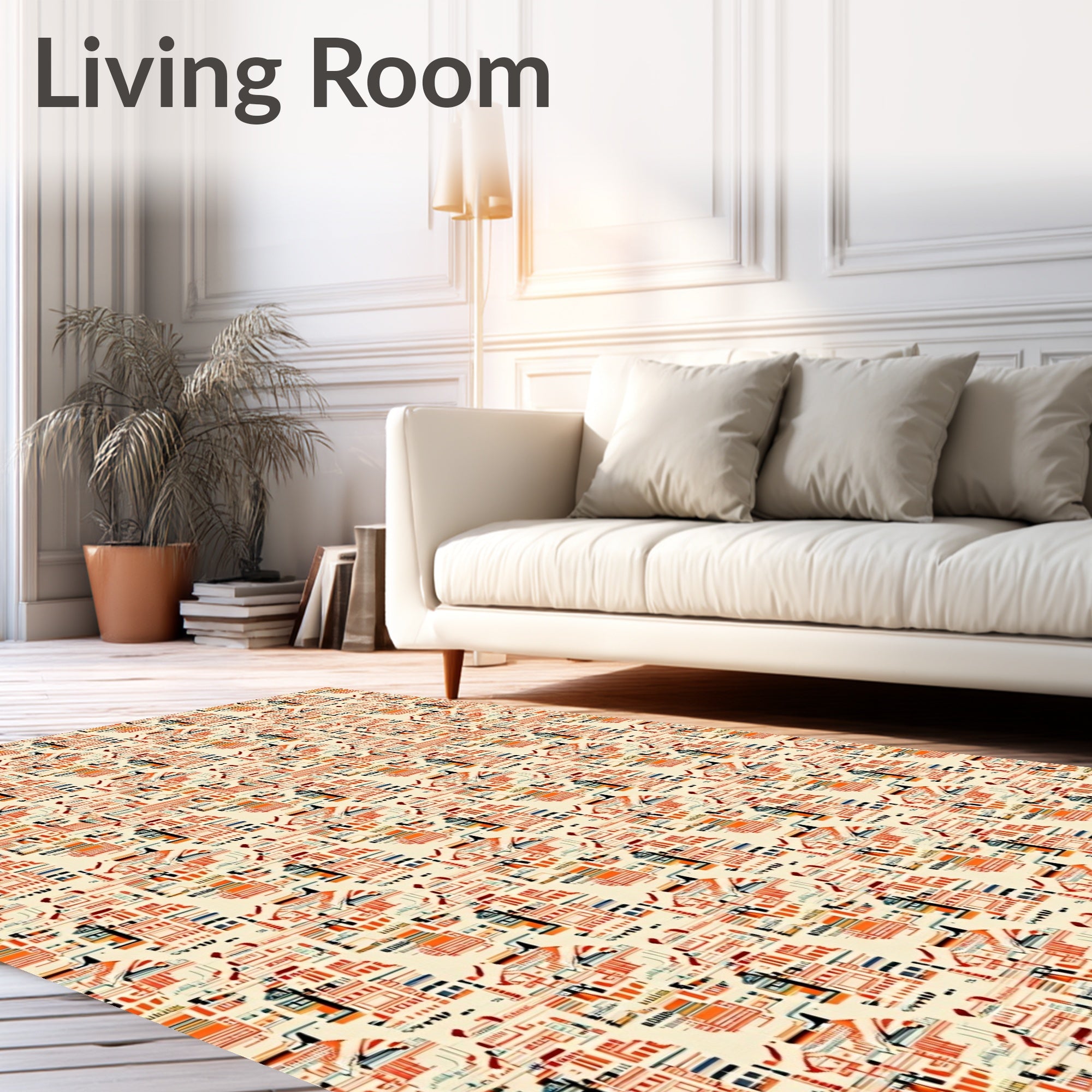 Mid Century Architectural Buildings Orange Cream Rug
