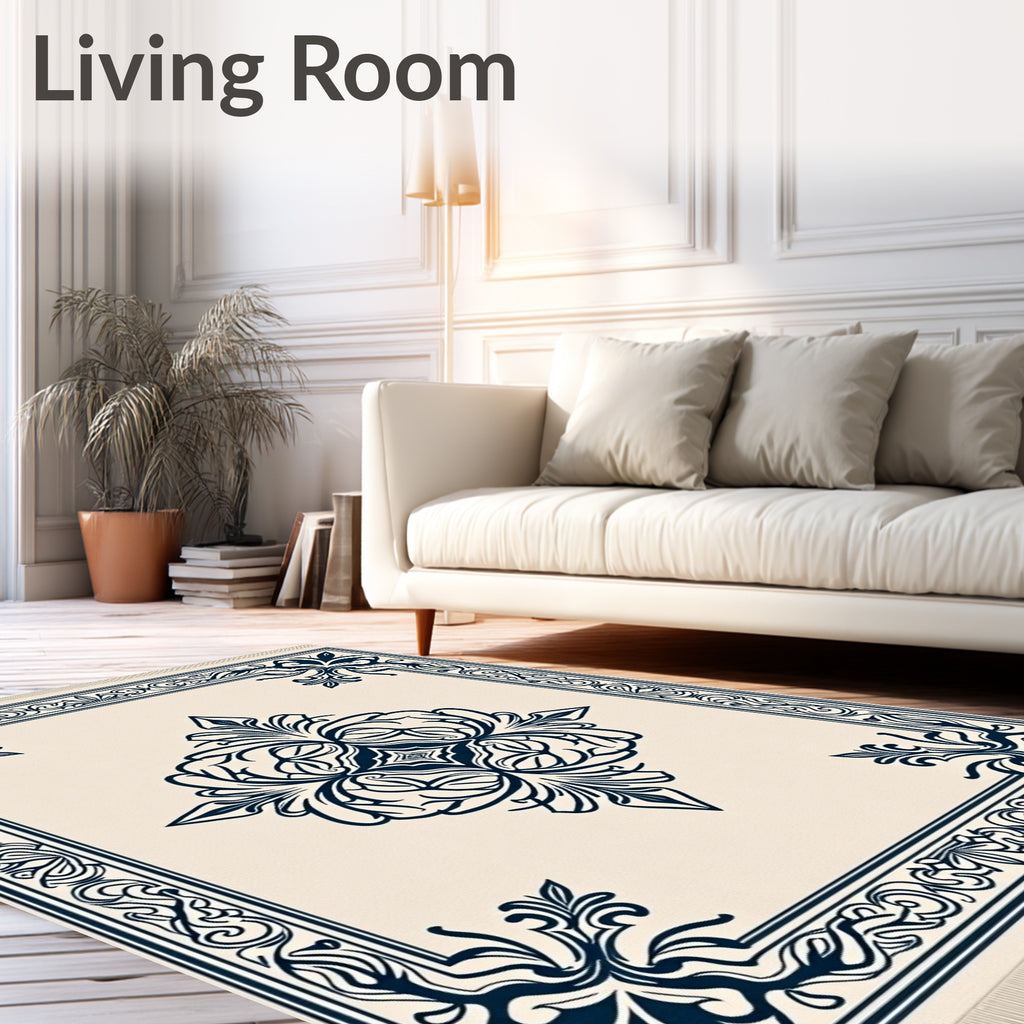Cream Navy Floral Medallion Border Rug