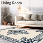 Cream Navy Floral Medallion Border Rug